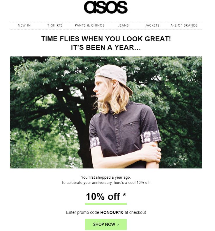 Anniversary email celebrating first-purchase